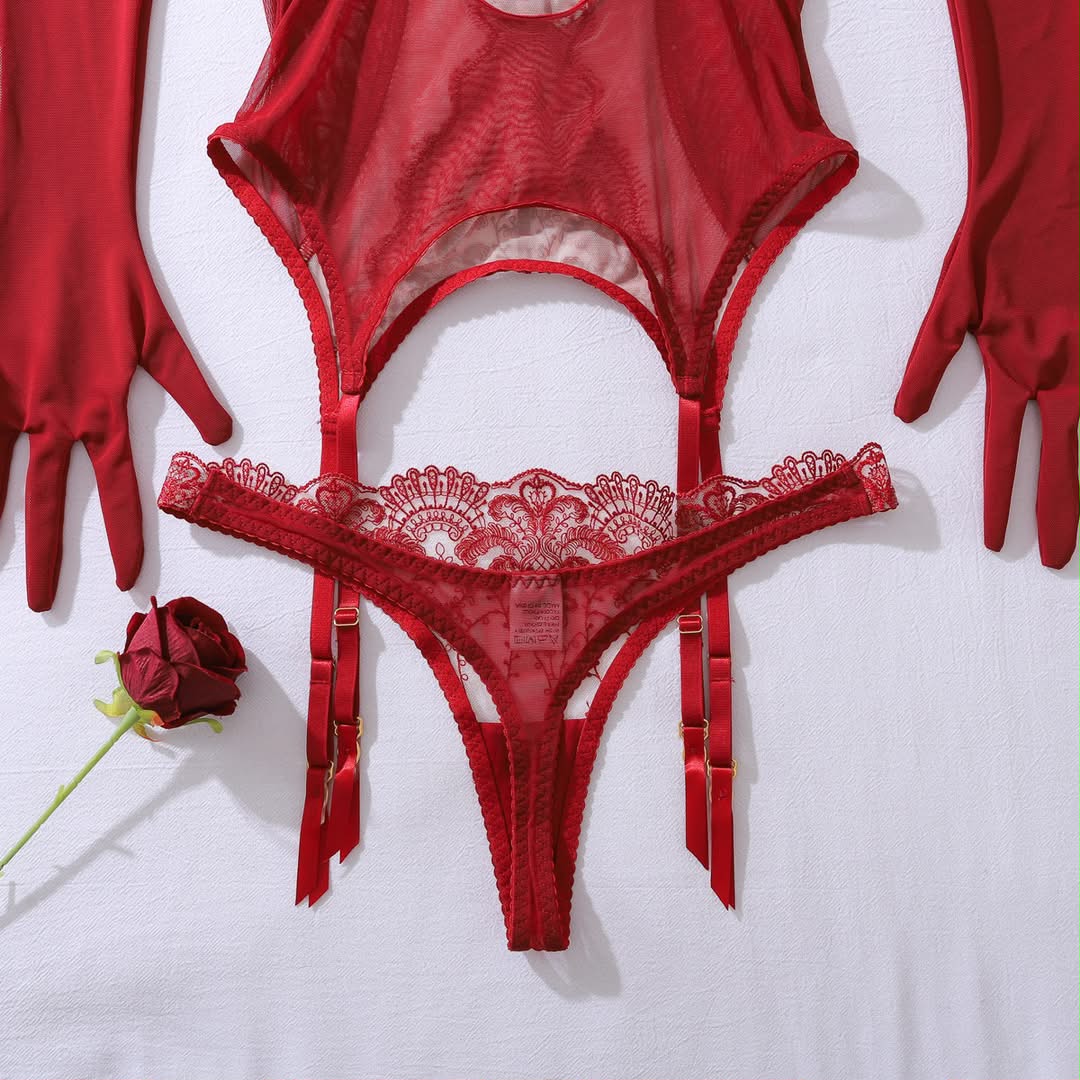 Miravé – Luxuriöses Dessous-Set mit Spitze, Strapsen & Handschuhen